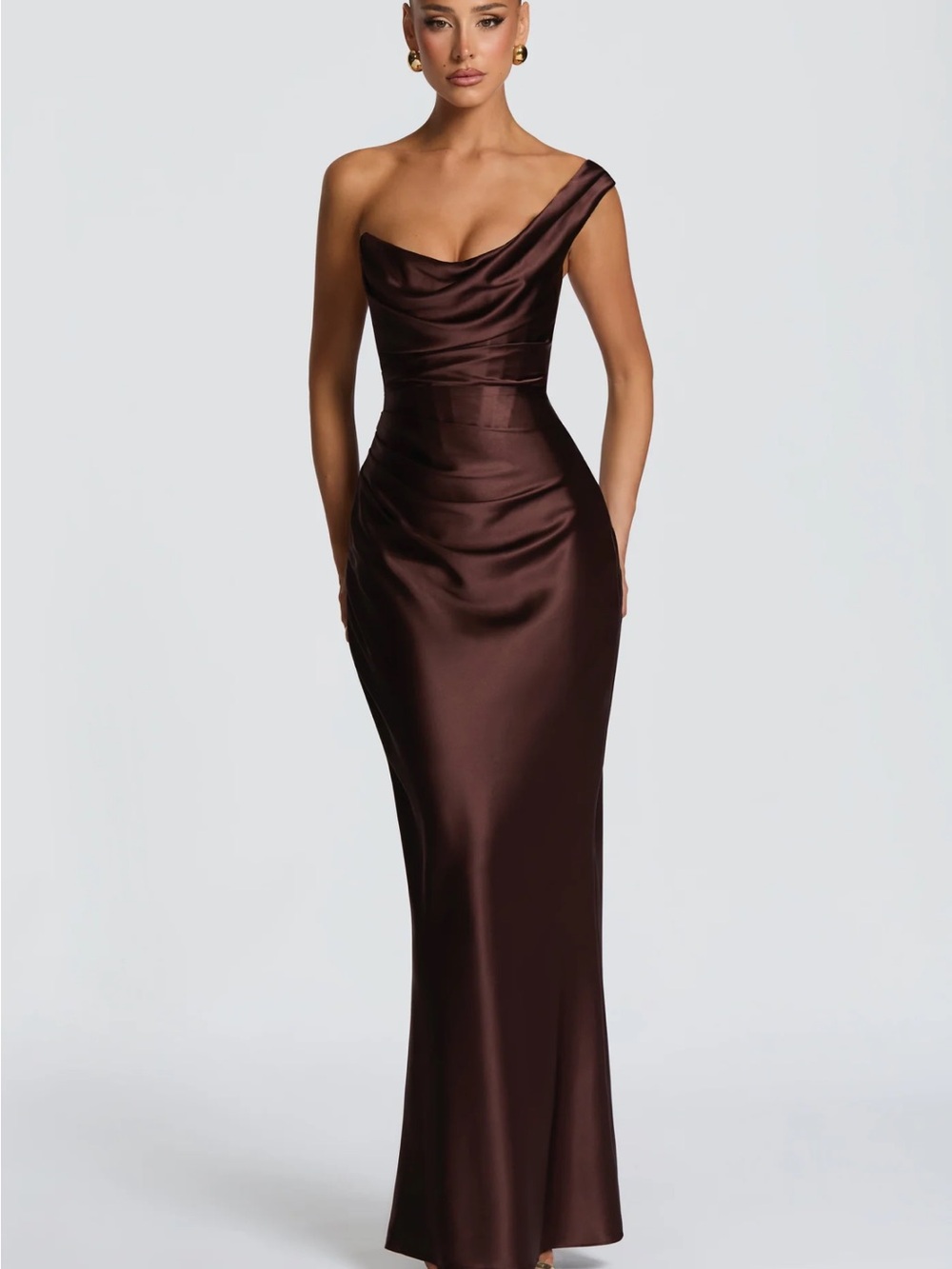 Asymmetric One-Shoulder Satin Gown in Chocolate Brown
